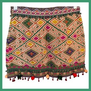 Mango Embroidered Mini Skirt Festival Bohemian Pom‎ Pom Trim Olive Green 4